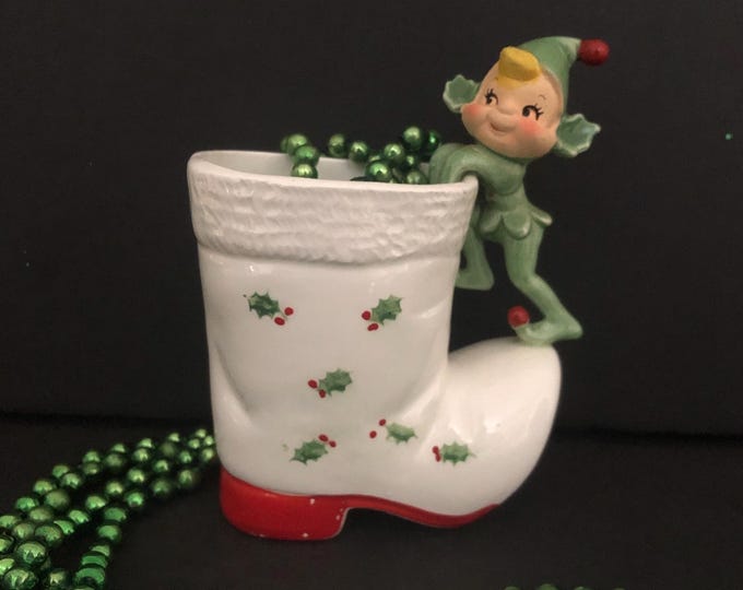 Holt Howard Vintage Christmas Holly Elf Pixie Planter right facing MCM midcentury planter