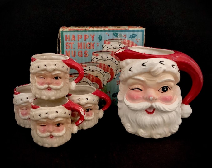 Inarco Vintage Christmas Santa Pitcher and four mugs in original box MCM midcentury