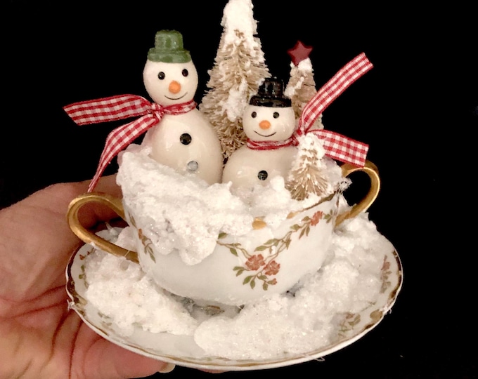 Vintage Christmas Snowman Vignette in bouillon cup bottlebrush trees