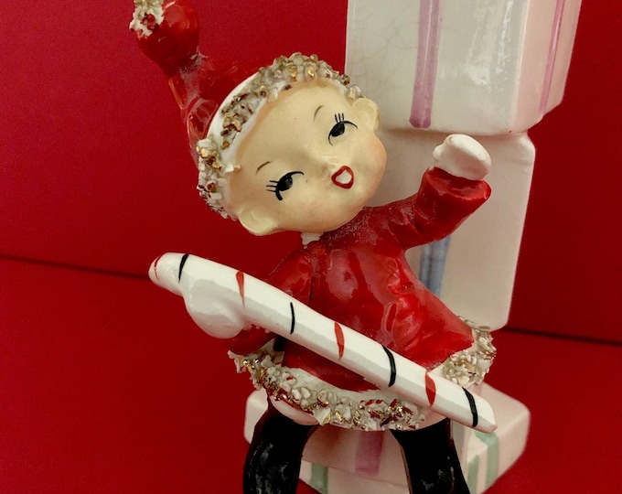 Vintage Christmas Santa Girl with Candycane bud vase MCM midcentury