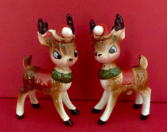 Kreiss Vintage Christmas Reindeer with Santa Hats Salt and Pepper MCM midcentury