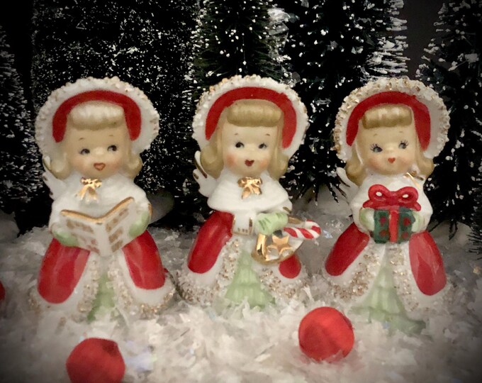 Lefton Vintage Christmas Angel Belle Bells with large bonnets MCM midcentury