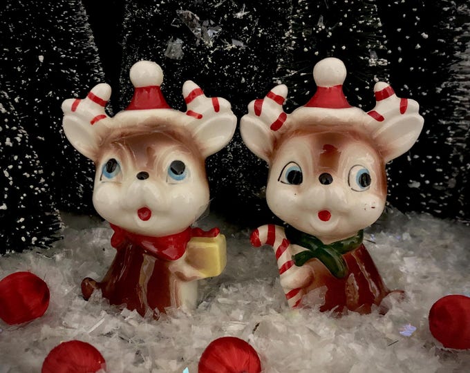 Vintage Christmas Reindeer with candycane antlers Salt and Pepper MCM midcentury