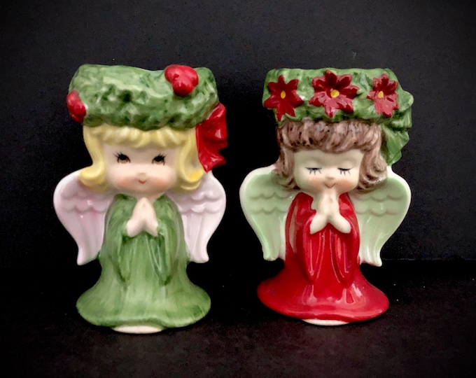 Lefton Vintage Christmas Angel Candleholders with  Saint Lucia Crown Wreaths MCM midcentury