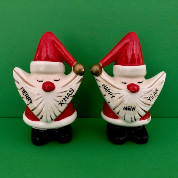 Vintage Merry Christmas Happy New Year Santa Salt and Pepper Set MCM midcentury looks like Holt Howard