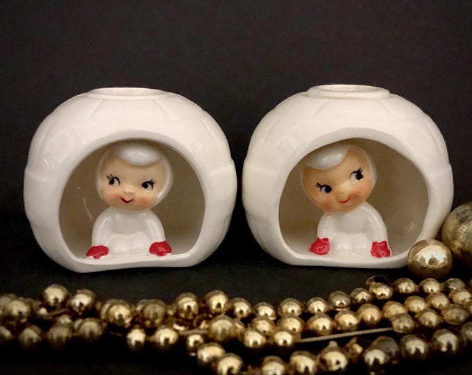 Holt Howard Snowbaby Peek a Boo Igloo Candleholders MCM midcentury snowbabies