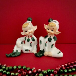 Lefton Vintage Christmas Mischievous Pixies Salt Pepper Shakers MCM midcentury pixie elf