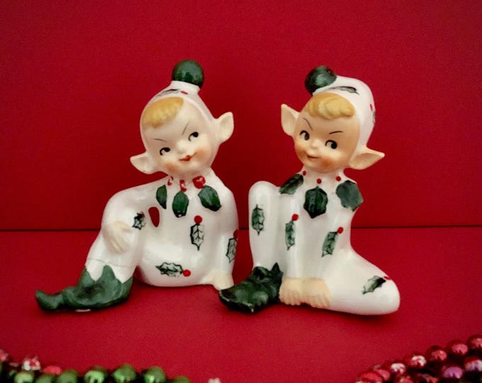 Lefton Vintage Christmas Mischievous Pixies Salt Pepper Shakers MCM midcentury pixie elf