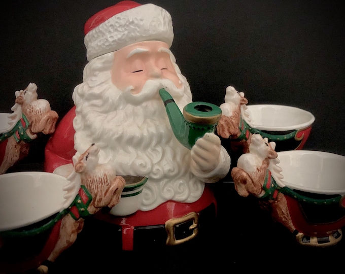 Vintage Christmas Santa with pipe Teapot and tea cups with reindeer handles Department 56 set