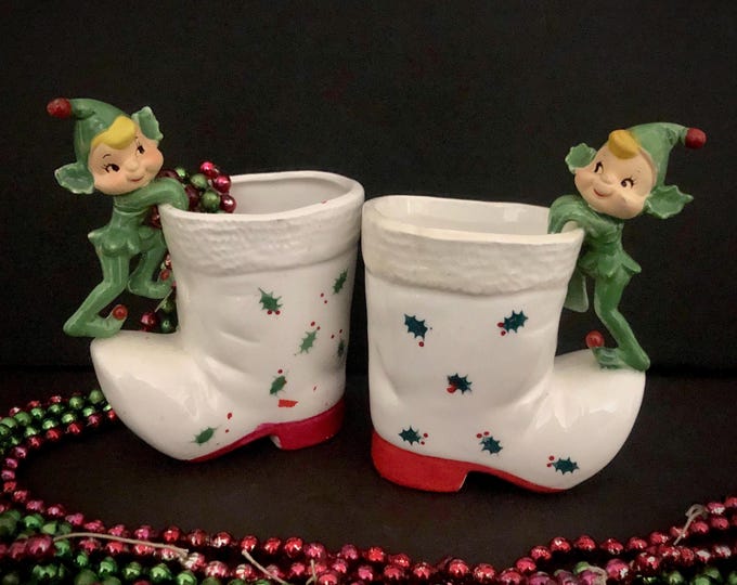 Holt Howard Vintage Christmas Holly Elf Pixie Planters MCM midcentury planter