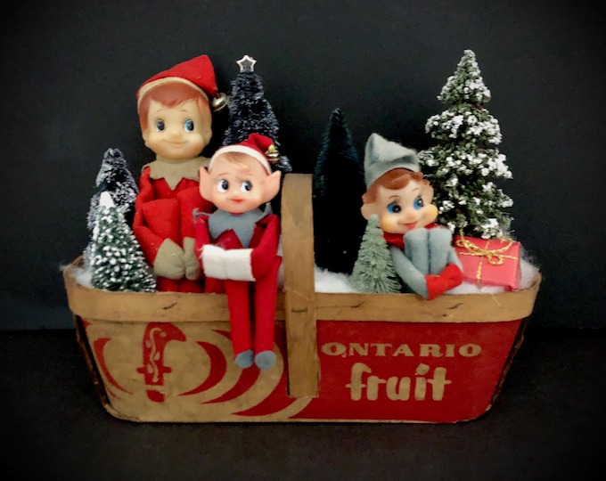 Kneehugger Elf Vignette in Ontario Fruit basket vintage Christmas MCM midcentury pixie