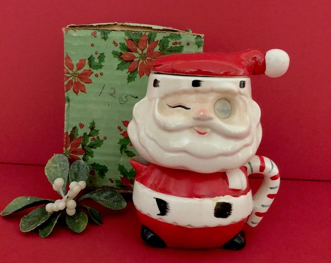 Commodore Holly Stacking Santa Sugar Creamer in original box Vintage Christmas MCM midcentury
