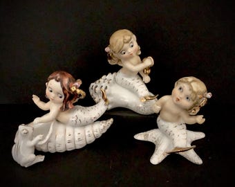 Older Lefton Vintage Mermaids on Shells MCM midcentury