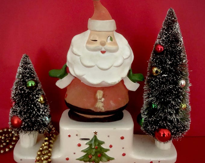 Holt Howard Large Santa Candelabra with flocked suit bottlebrush trees midcentury