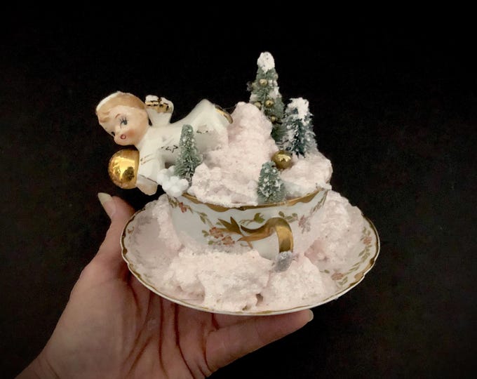 Flying Angel Vintage Christmas Vignette in bouillon cup