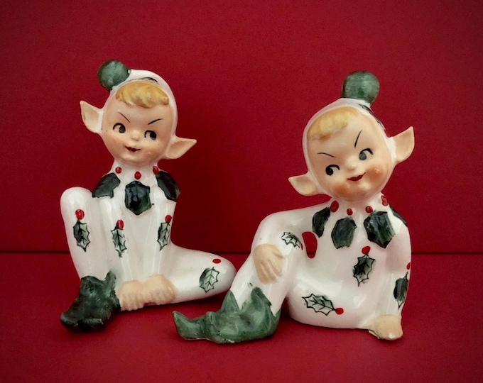 Lefton Vintage Christmas Mischievous Pixies Salt Pepper Shakers MCM midcentury pixie elf