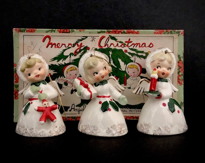 Napco Vintage Christmas Merry Christmas angel bells in original box MCM midcentury