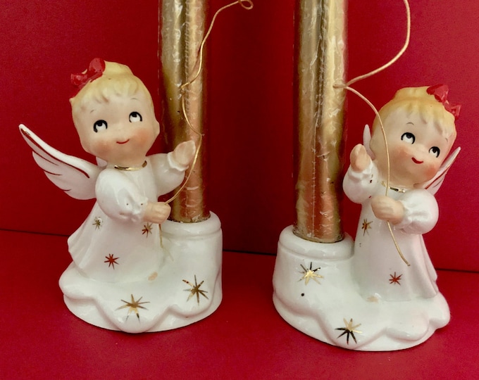 Holt Howard Vintage Christmas Angel Candleholders with candle rings MCM midcentury