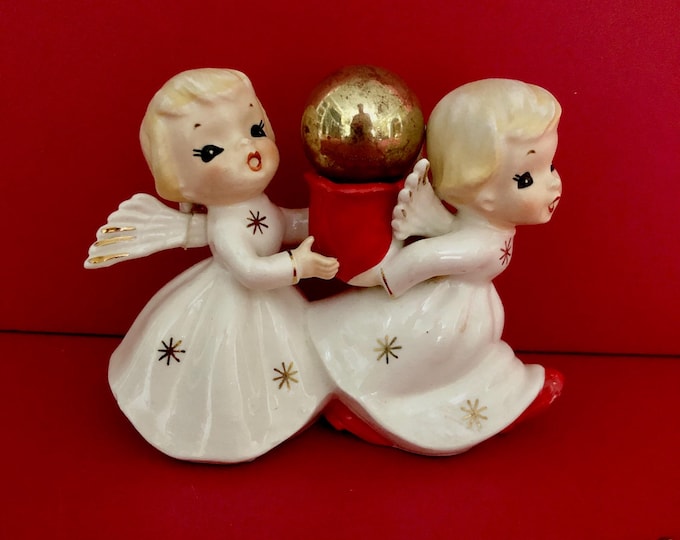 Reduced price due to repair Hurry Christmas is Coming Vintage Angel Candleholder Christmas MCM midcentury