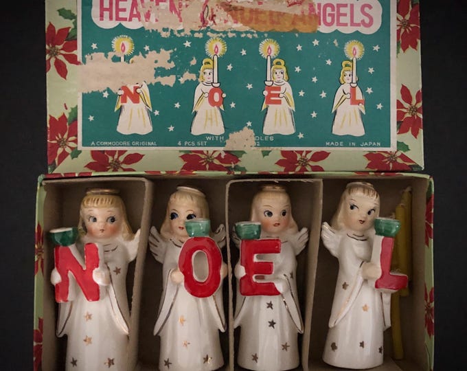 Near Mint Commodore Vintage Christmas Smaller Fabulous Angel Noel Candleholders with original box MCM midcentury