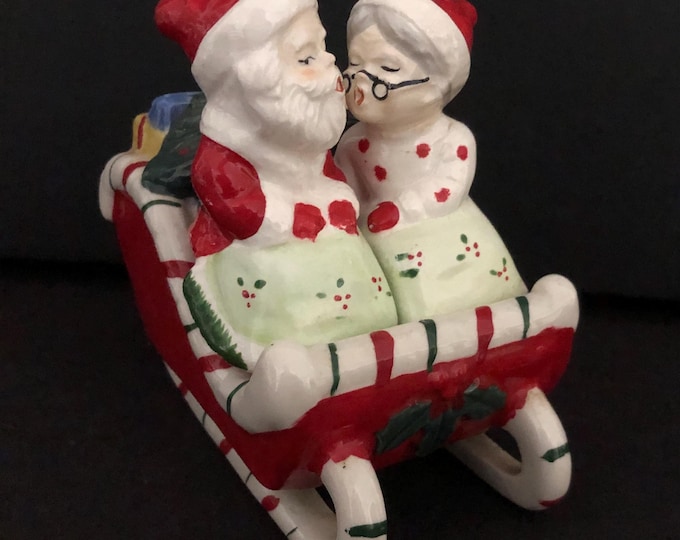 Kreiss Santa and Mrs. Claus Kissing in Candycane Sleigh Salt Pepper Set and Candleholder Vintage Christmas MCM midcentury