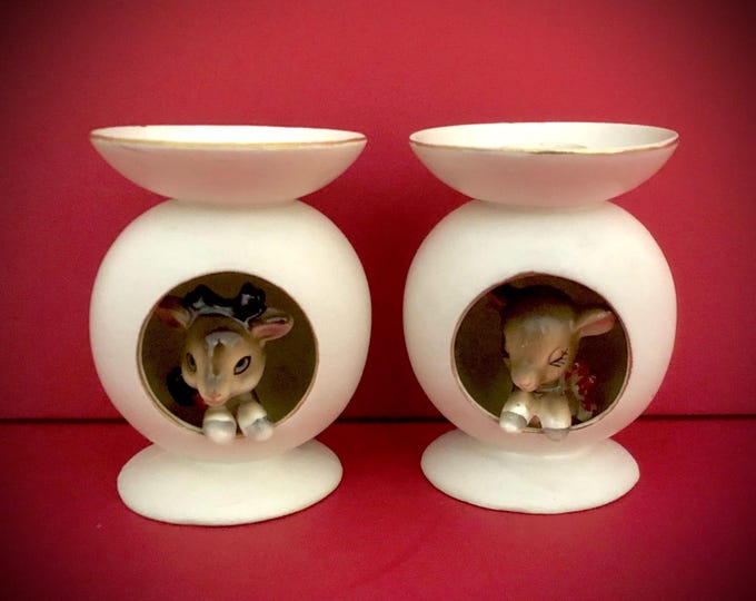 Holt Howard 1961 Vintage Christmas Reindeer Peek a Boo Candleholders MCM midcentury deer