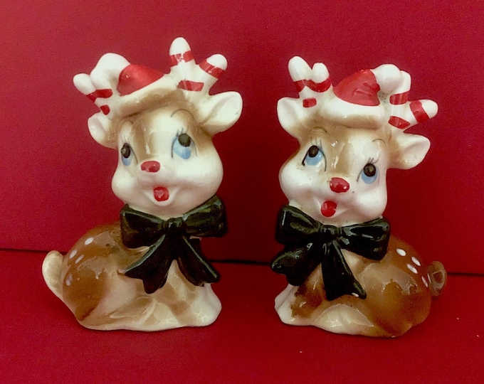 Kreiss Vintage Christmas Reindeer with candycane antlers Salt and Pepper MCM midcentury