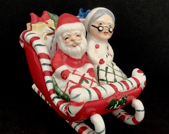 Lefton Santa and Mrs. Claus in Candycane Sleigh Salt Pepper Set