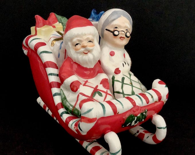 Lefton Santa and Mrs. Claus in Candycane Sleigh Salt Pepper Set Vintage Christmas MCM midcentury