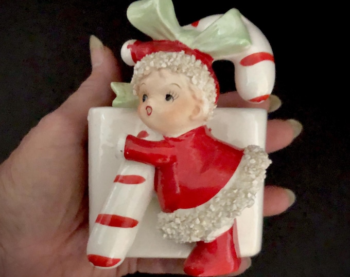 Mint Shafford Vintage Christmas Santa Girl planter with Giant Candycane MCM midcentury