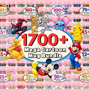 Mega Cartoon Mug Wrap Bundle, Spiderman Mug, Stitch Mug, Pooh Mug, Marvel Mug, Princess Mug, Mario Mug, Mickey Mug, Mermaid Mug, Labubu Mug