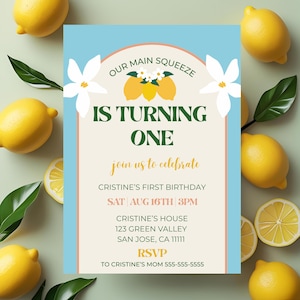 Lemon Birthday Invitation, Main Squeeze Birthday Invite Girl, Editable Template Digital Download, Canva, First Girl Birthday Party