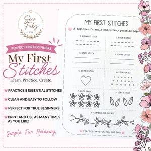 Op de afbeelding: Een witte borduuroefenpagina getiteld My First Stitches met acht genummerde steeksoorten, waaronder rijgsteek, stiksteek, steelsteek, kettingsteek, satijnsteek, Franse knoop, margrietsteek en bladsteek, versierd met roze bloemenillustraties.