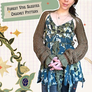 May include: Forest Vine Sleeves Crochet Pattern. A woman is wearing a brown crochet shrug over a floral dress. The shrug has long sleeves with a loose fit.