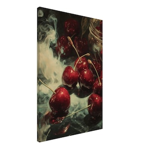 May include: A canvas print featuring a still life of ripe, red cherries. The cherries are depicted with stems, some clustered together, against a dark, smoky background. A glass jar filled with cherries is visible in the background.