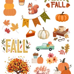 May include: A collection of autumn-themed illustrations, including pumpkins, leaves, a squirrel, a truck, a tree, a coffee cup, a pie, a book, glasses, and text that says "hello fall" and "fall".