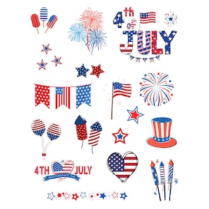 May include: A collection of patriotic illustrations in red, white, and blue. Includes fireworks, stars, flags, and the text "4th of July" and "Independence Day". Also features ice pops, balloons, and a heart.