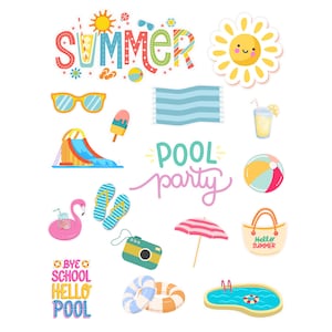 Könnte beinhalten: Eine Sammlung farbenfroher Illustrationen zum Thema Sommer. Enthält das Wort „SOMMER“ in leuchtenden Buchstaben, Sonnenbrillen, eine Wasserrutsche, Eiscreme, ein Strandtuch, eine lächelnde Sonne, ein Getränk, einen Strandball, einen Flamingo-Schwimmer, Flip-Flops, eine Kamera, einen Sonnenschirm, eine Tragetasche, einen Pool und einen Pool-Schwimmer.