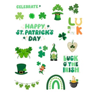 May include: A set of St. Patrick's Day themed digital stickers featuring shamrocks, leprechauns, pots of gold, rainbows, and the phrase "Luck o' the Irish".