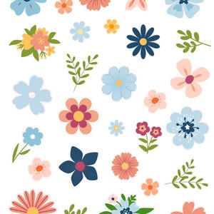 Puede incluir: Una colección de ilustraciones florales coloridas y estilizadas en varios tamaños y formas. Las flores presentan tonos de azul, rosa, naranja y amarillo, con hojas verdes. Los diseños son adecuados para pegatinas, tarjetas u otros proyectos de manualidades.