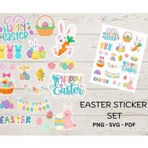 May include: A set of Easter stickers featuring bunnies, eggs, and baskets in bright colours. Text includes "Happy Easter" and "Easter". The set is available in PNG, SVG, and PDF formats, perfect for crafting and decorating.