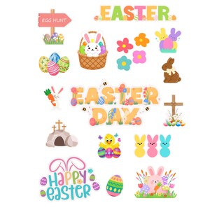 May include: A collection of colorful Easter-themed illustrations. Includes Easter eggs, bunnies, flowers, a cross, and the words "Easter," "Easter Day," and "Happy Easter." The image has a white background.