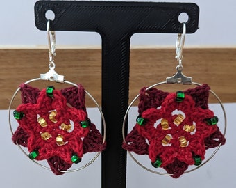 Two Tone Red Poinsettia Crochet Dangle Earrings