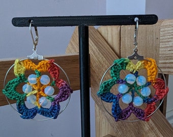 Rainbow Flower Crochet Dangle Earrings with Opalite Beads