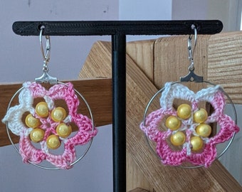 White and Pink Flower Crochet Dangle Earrings with Yellow Beads