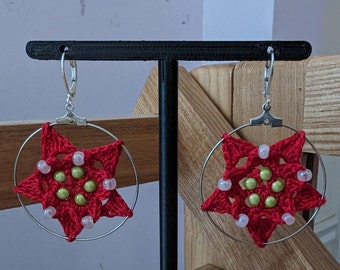 Delicate Red Poinsettia Crochet Dangle Earrings with Green and Clear Beads