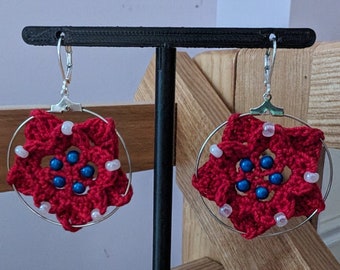 Red Poinsettia Crochet Dangle Earrings