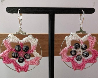 Delicate Cherry Blossom Crochet Dangle Earrings with Grey Beads