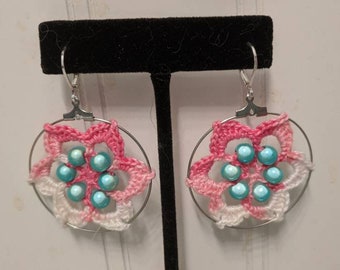 White and Pink Flower Crochet Dangle Earrings with Blue Beads