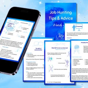 May include: A blue and white illustrated guide with tips and advice for job hunting. The guide includes sections on "The ABC of Communication", "What NOT to do in an Interview", "Presenting", and "Managing Stress".